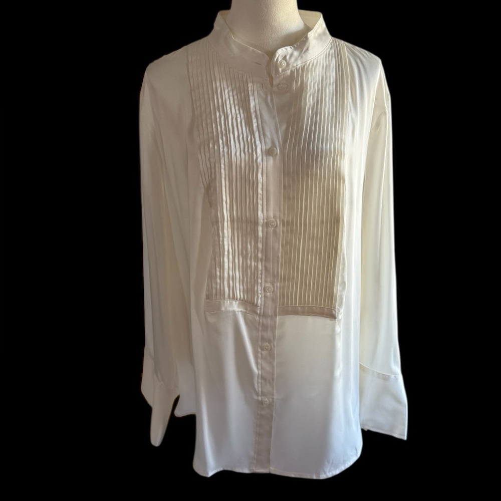 H & M Elegant White Women's Tuxedo Style White Satin-like Blouse